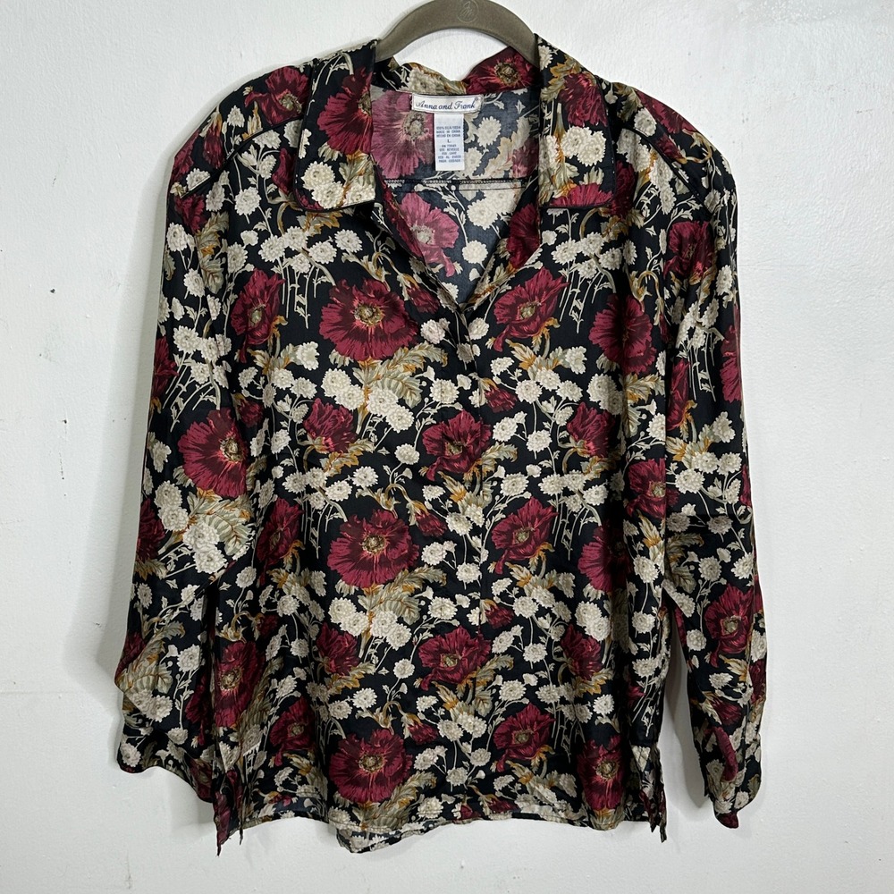 Anna and Frank 100% Silk Floral Blouse Long Sleeve Button Down Poppy Print Large